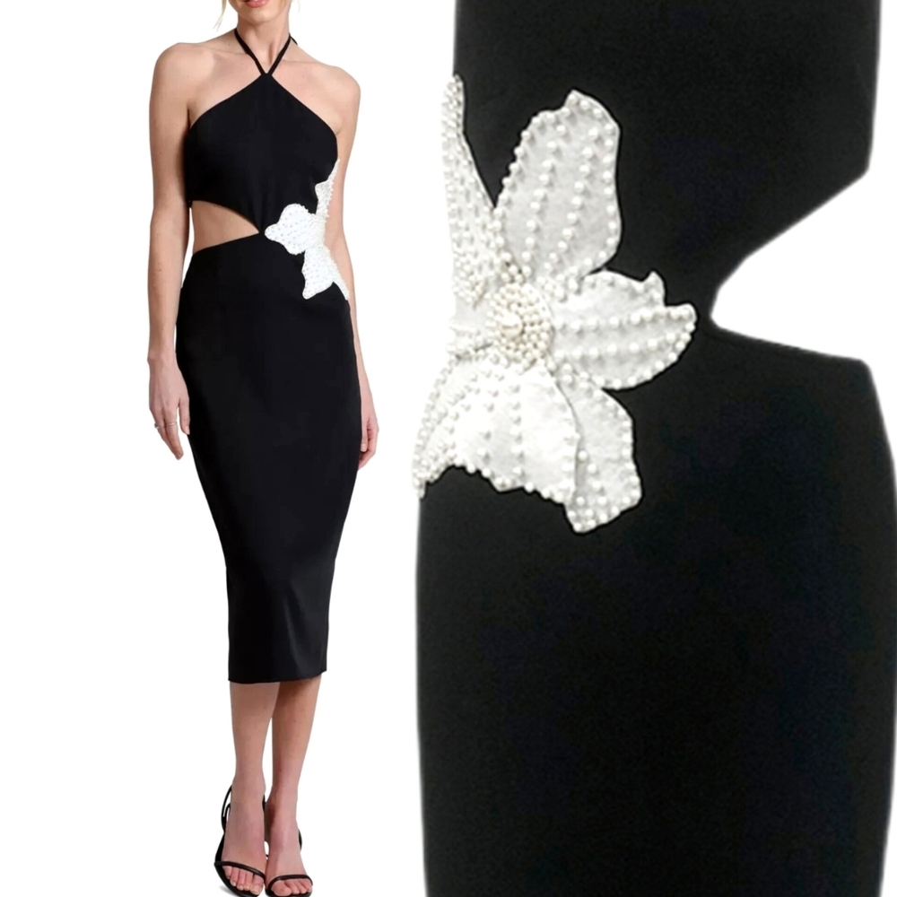 Avec Les Filles Halter Pearl Flower Midi Dress Black White
